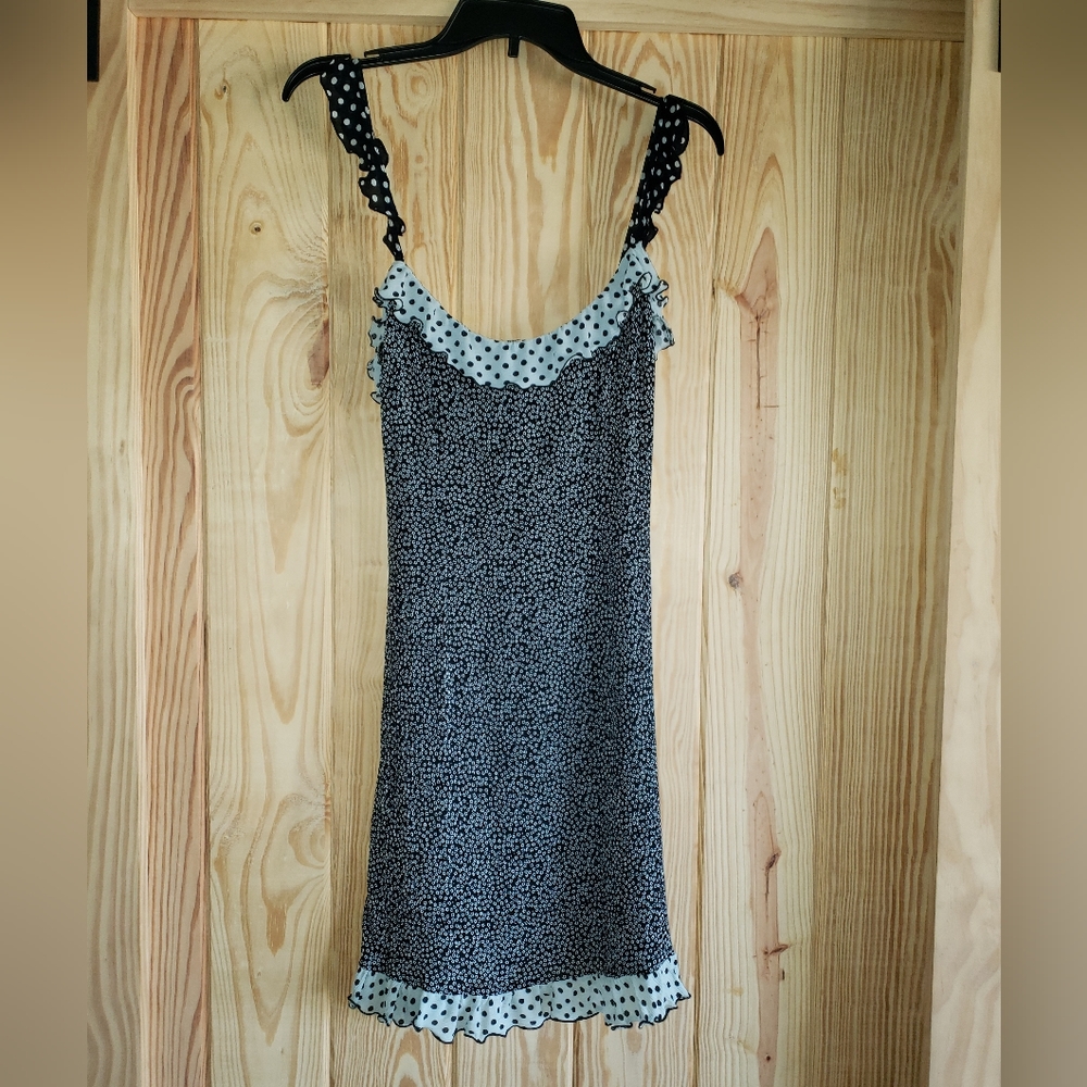 Italian made Moschino dress/swimsuit cover.  Navy blue floral & polka dot.